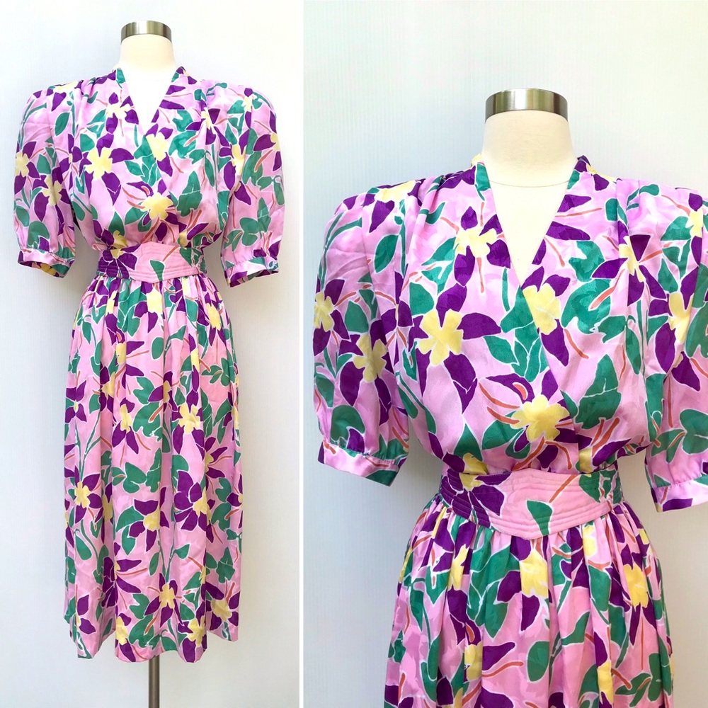 Vintage 80’s pink abstract orchid floral secretary dress - Picture 1 of 9